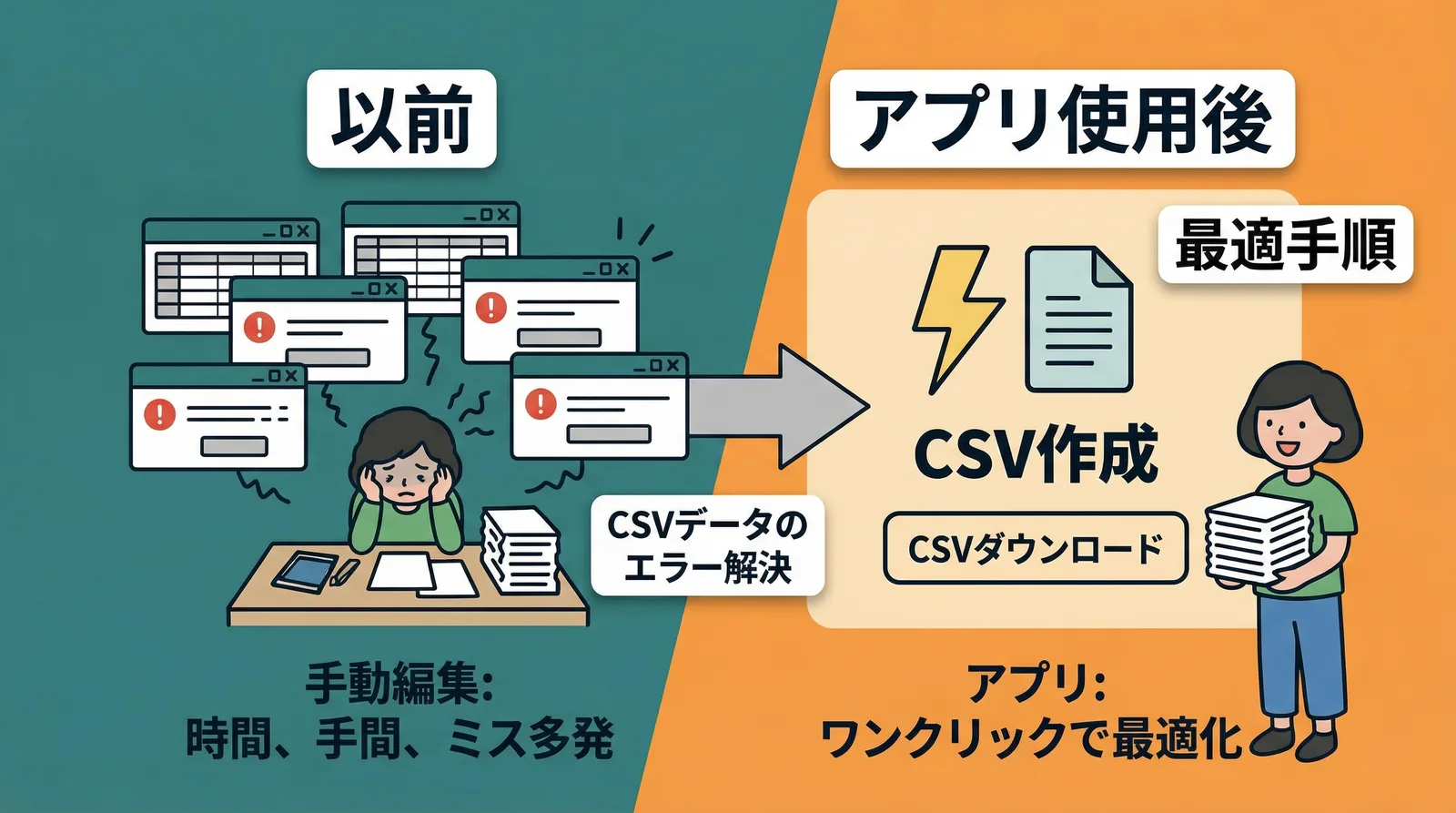 CSVãšã¯ã¹ããŒãã®ä»¥åãšã¢ããªäœ¿çšåŸã®æ¯èŒãæåç·šéã«ãããšã©ãŒå€çºãããã¢ããªã§ã¯ã³ã¯ãªãã¯æé©åãž