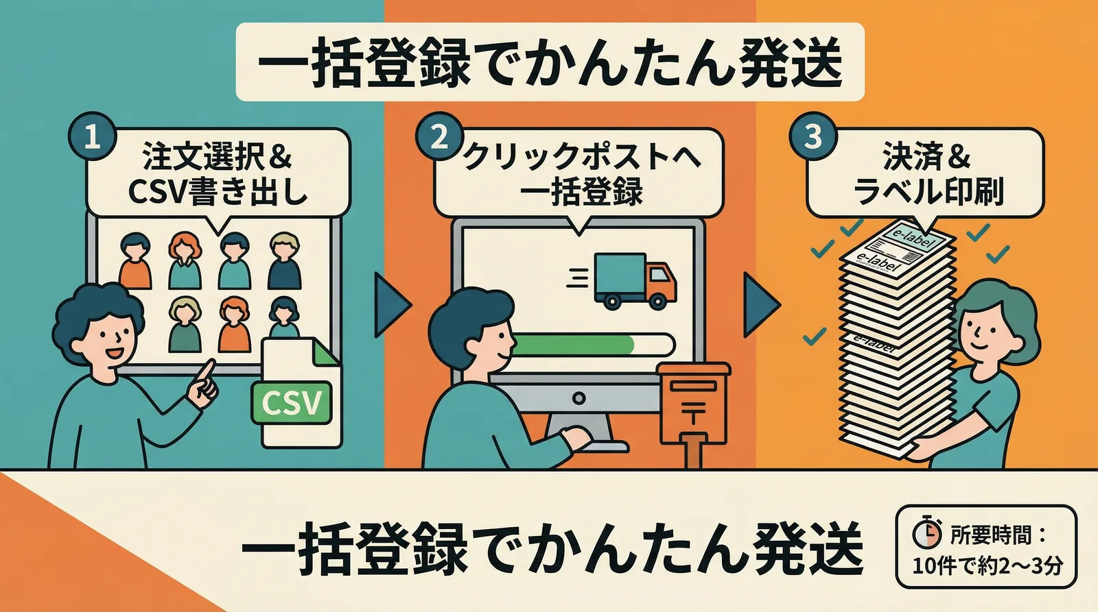 CSVãšã¯ã¹ããŒãããæ±ºæžã»ã©ãã«å°å·ãŸã§ã®3ã¹ããããæ³šæéžæããCSVæžãåºããã¯ãªãã¯ãã¹ããžäžæ¬ç»é²ã決æžãšã©ãã«å°å·ãŸã§10ä»¶ã§çŽ2ã3å