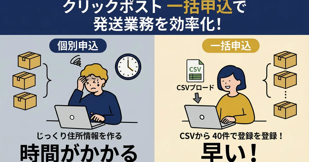 クリックポスト「まとめ申込」は1回40件｜41件以上はCSV分割で対応