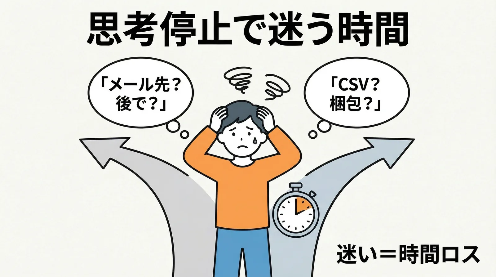 「メール先?後で?」「CSV?梱包?」と迷う時間がそのまま時間ロスになる