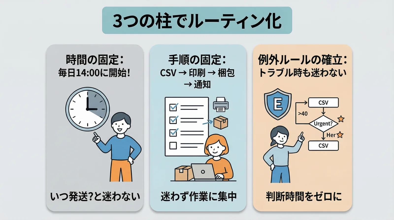 3つの柱でルーティン化。時間の固定(毎日14:00に開始)、手順の固定(CSV→印刷→梱包→通知)、例外ルールの確立(トラブル時も迷わない)