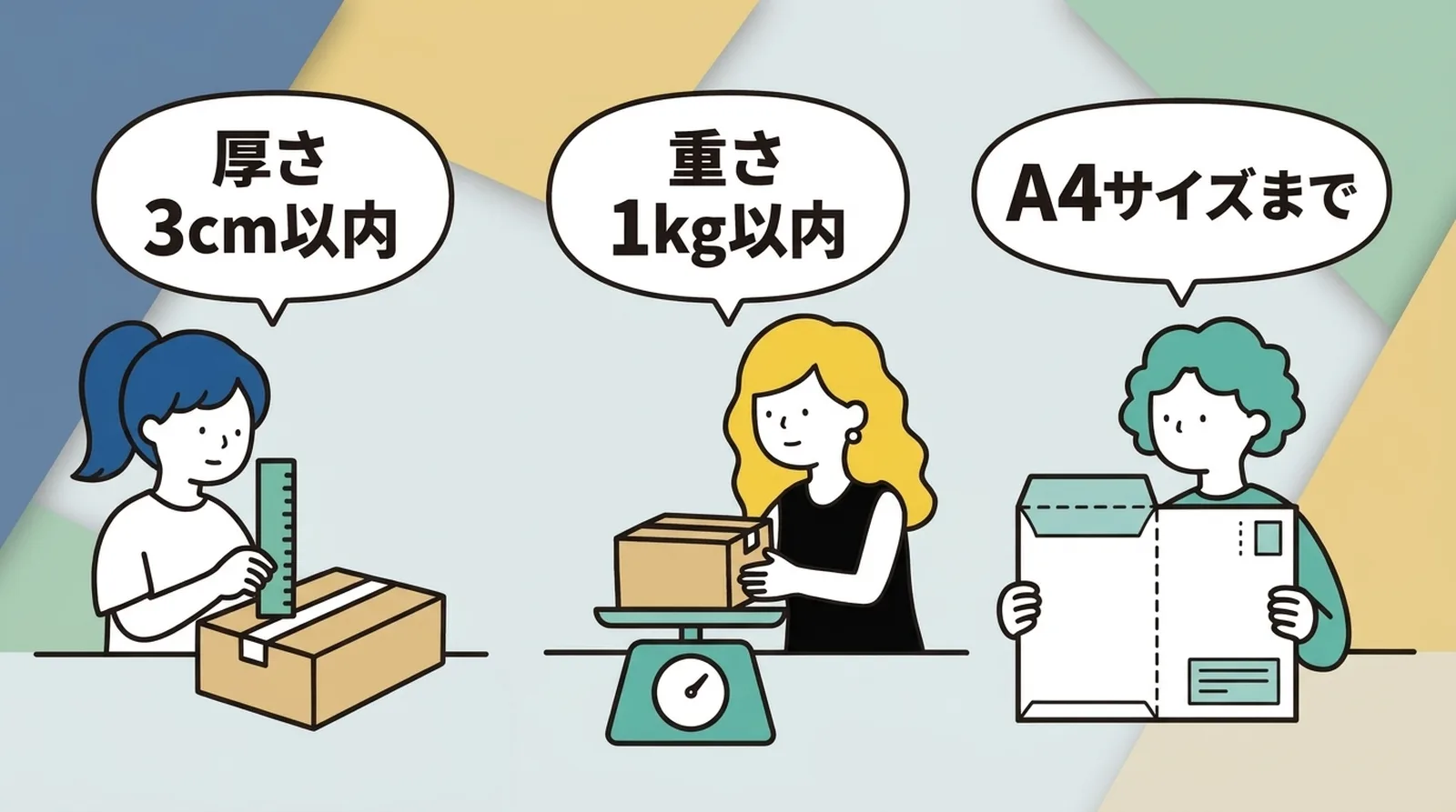 ã¯ãªãã¯ãã¹ãã®ãµã€ãºæ¡ä»¶ãåã3cm以å
ãéã1kg以å
ãA4ãµã€ãºãŸã§ã®3ã€ã®åºæº