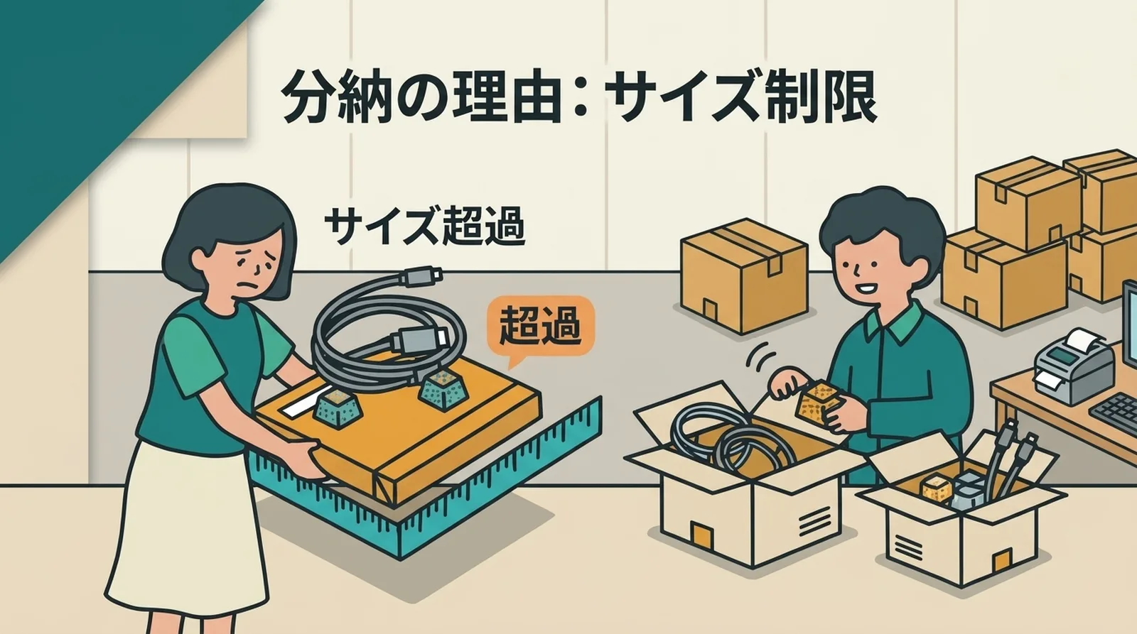 分納の理由:サイズ制限。クリックポストの厚さ3cm・1kg制限を超えるまとめ買い注文は分割して発送