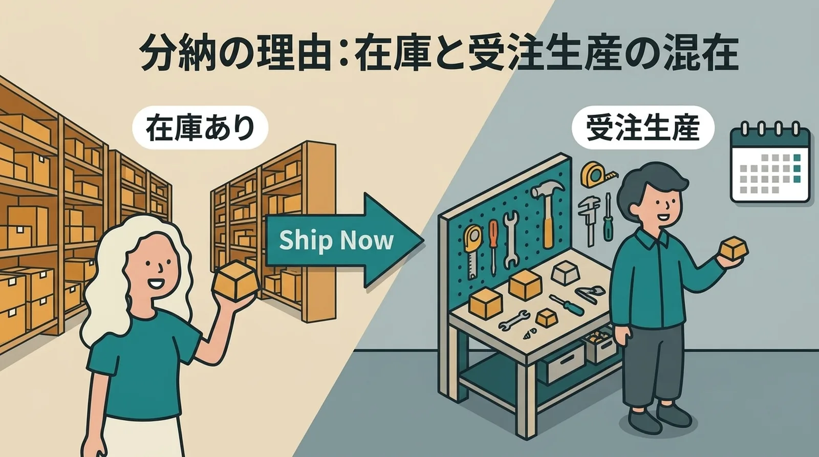 分納の理由:在庫と受注生産の混在。在庫ありの商品を先に発送し、受注生産品は後日発送