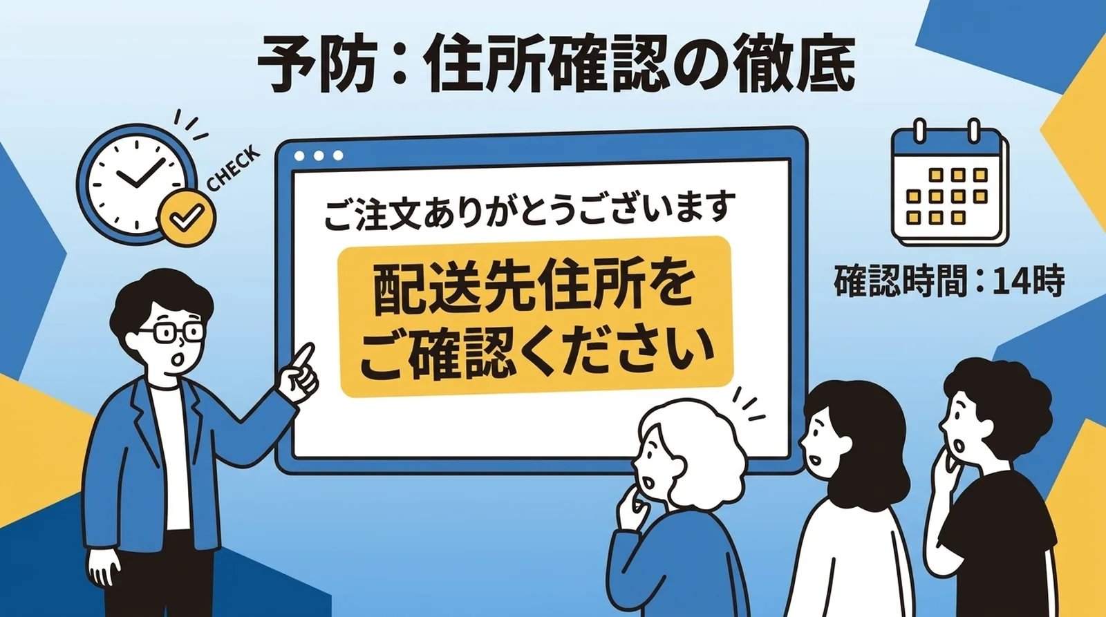 予防:住所確認の徹底。注文確認メールで配送先住所の確認を依頼し、発送前に確認時間を設ける