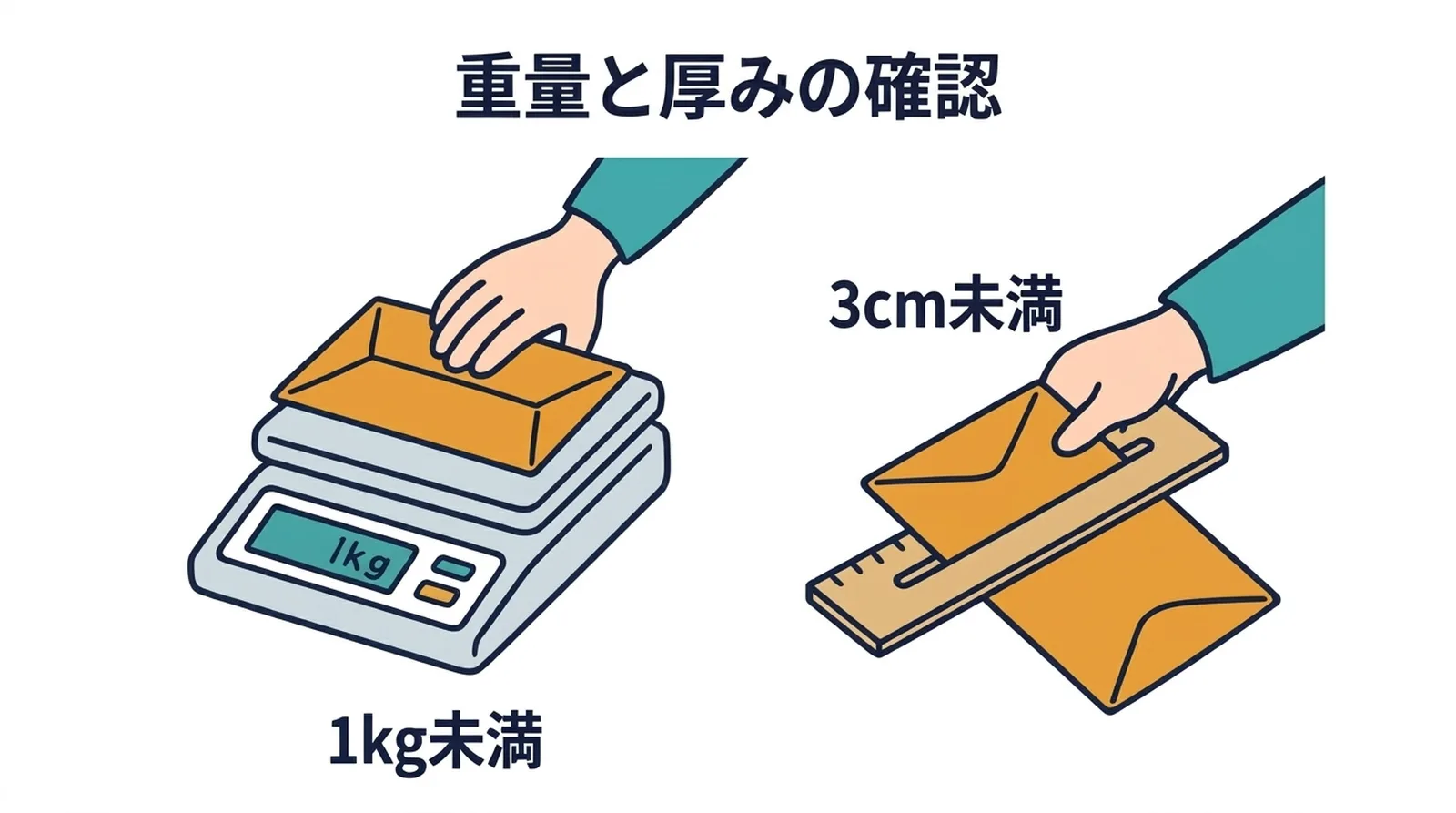 ééãšåã¿ã®ç¢ºèªããããã³ã¹ã±ãŒã«ã§1kgæªæºã確èªãåãæž¬å®å®èŠã§3cmæªæºã確èª