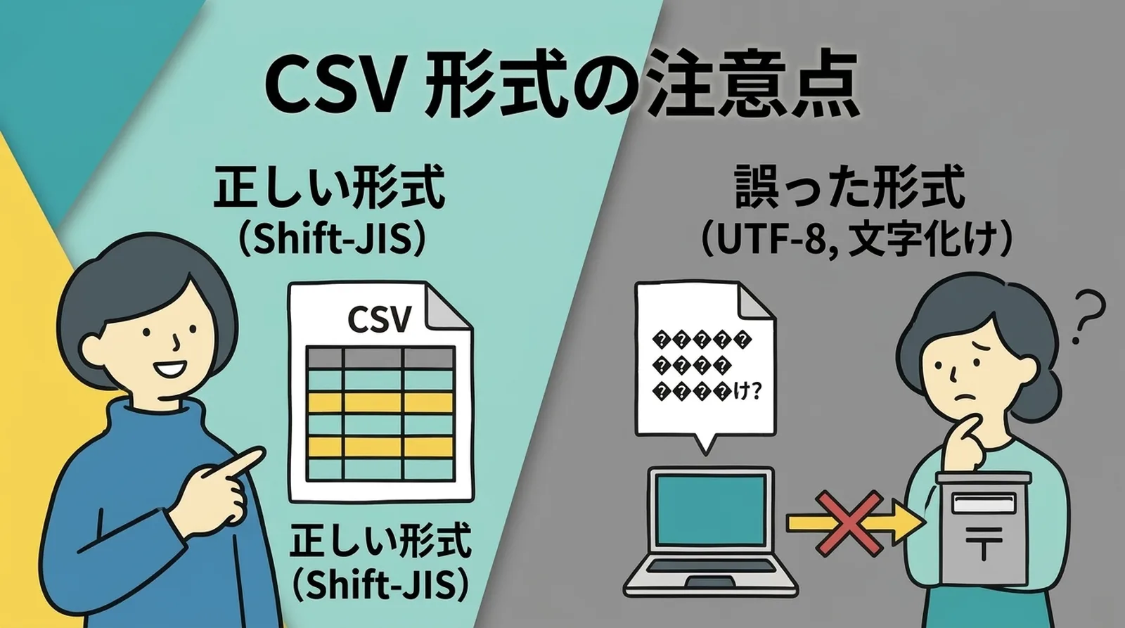 CSV圢åŒã®æ³šæç¹ãæ£ãã圢åŒïŒShift-JISïŒãªãåé¡ãªãã誀ã£ã圢åŒïŒUTF-8ïŒã ãšæååãããŠã¯ãªãã¯ãã¹ãã«åã蟌ããªã