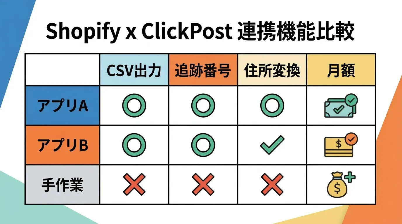 ShopifyÃClickPost飿ºæ©èœæ¯èŒïŒCSVåºåã»è¿œè·¡çªå·ã»äœæå€æã»æé¡ã®å¯Ÿå¿ç¶æ³