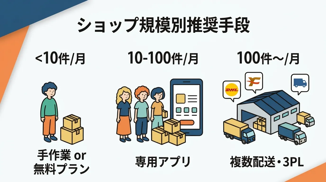 ã·ã§ããèŠæš¡å¥æšå¥šææ®µïŒ10件以äžã¯æäœæ¥/ç¡æãã©ã³ã10-100ä»¶ã¯å°çšã¢ããªã100ä»¶è¶
ã¯è€æ°é
éã»3PL