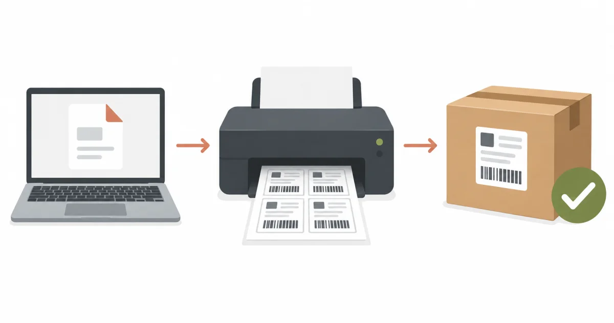 ラベル印刷トラブルの3段切り分け。パソコンでのPDF表示、A4用紙への4面印刷、荷物への貼付までの流れ