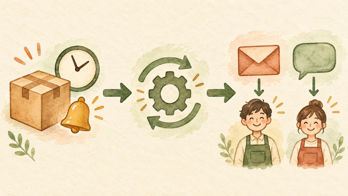 SellRulesのトリガーからShopify Flowを経て、社内メールやSlackで担当者へ届く通知の流れ