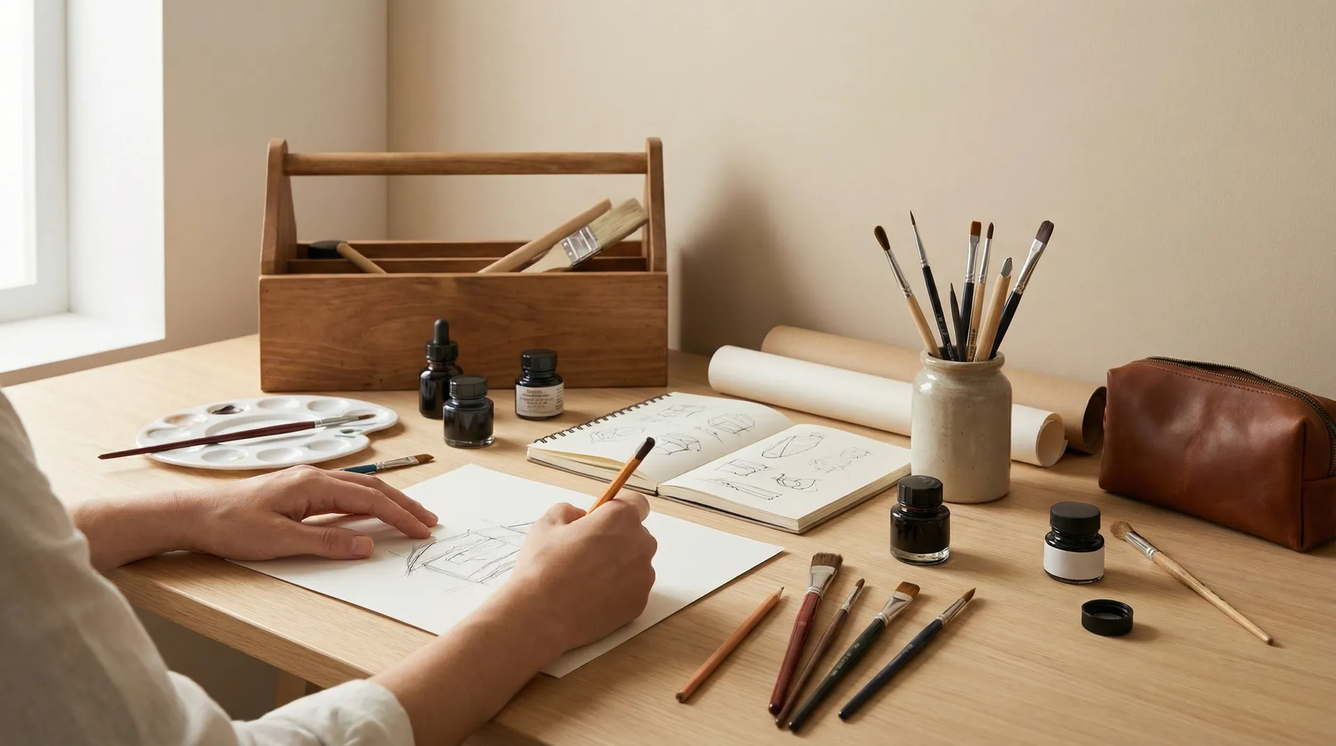 Craftsman sketching product designs at workspace